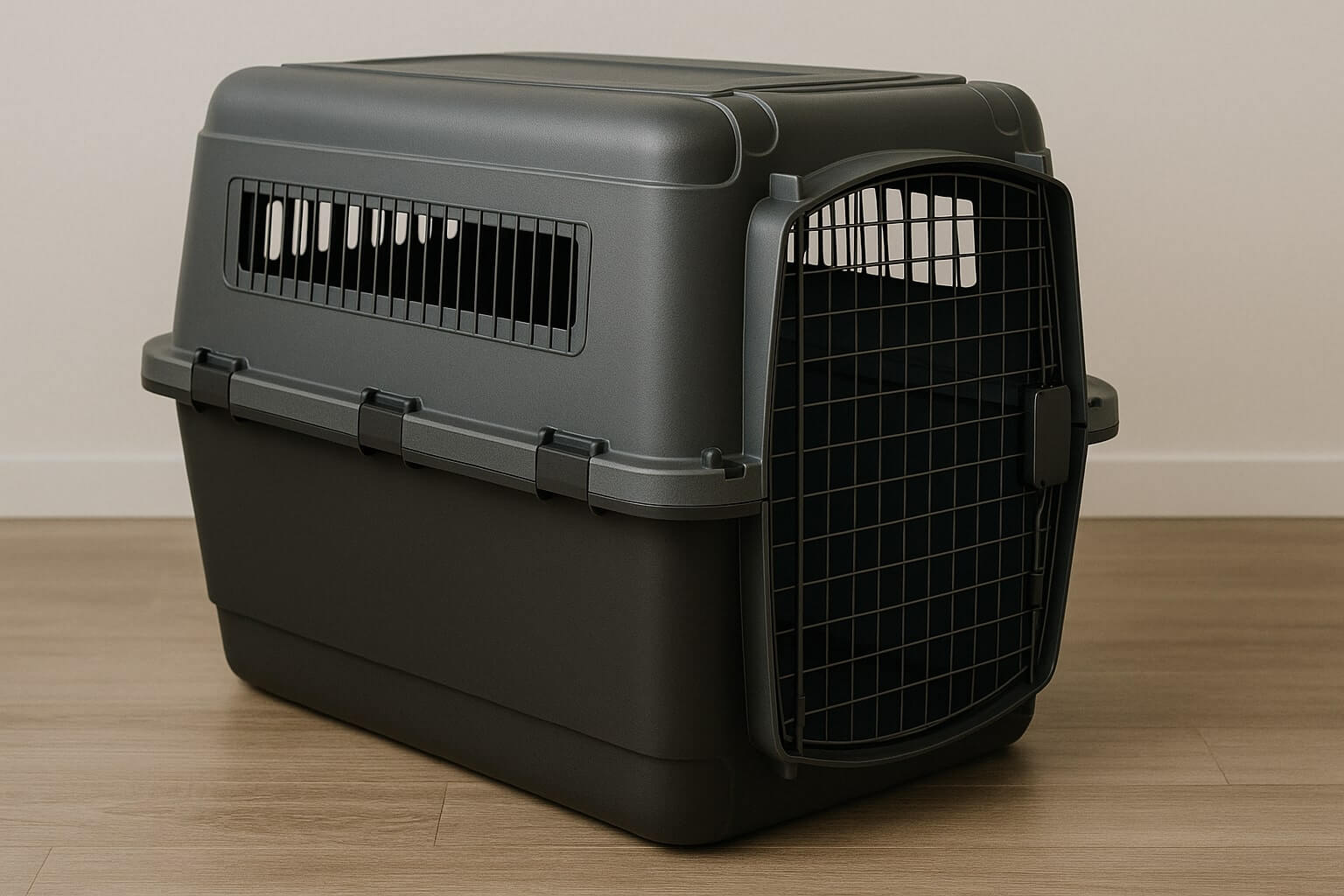 A large, sturdy plastic dog kennel with a wire door, designed for safe pet travel.