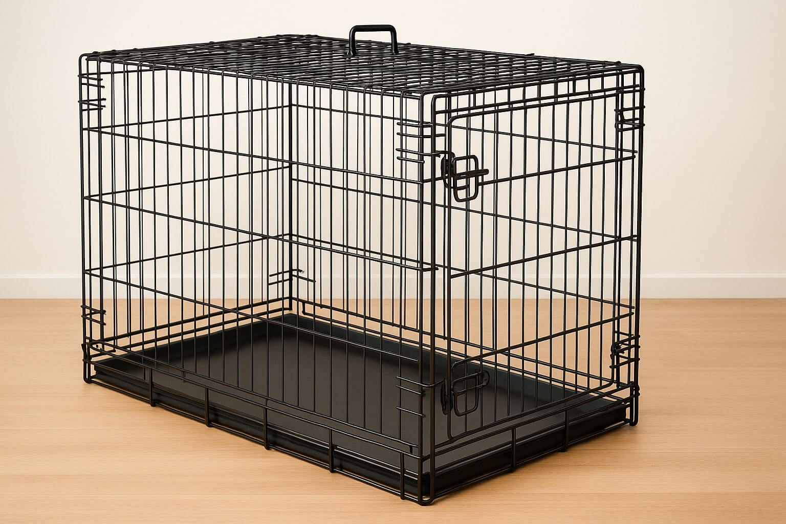 A spacious, black wire dog crate with two doors, suitable for large dogs.