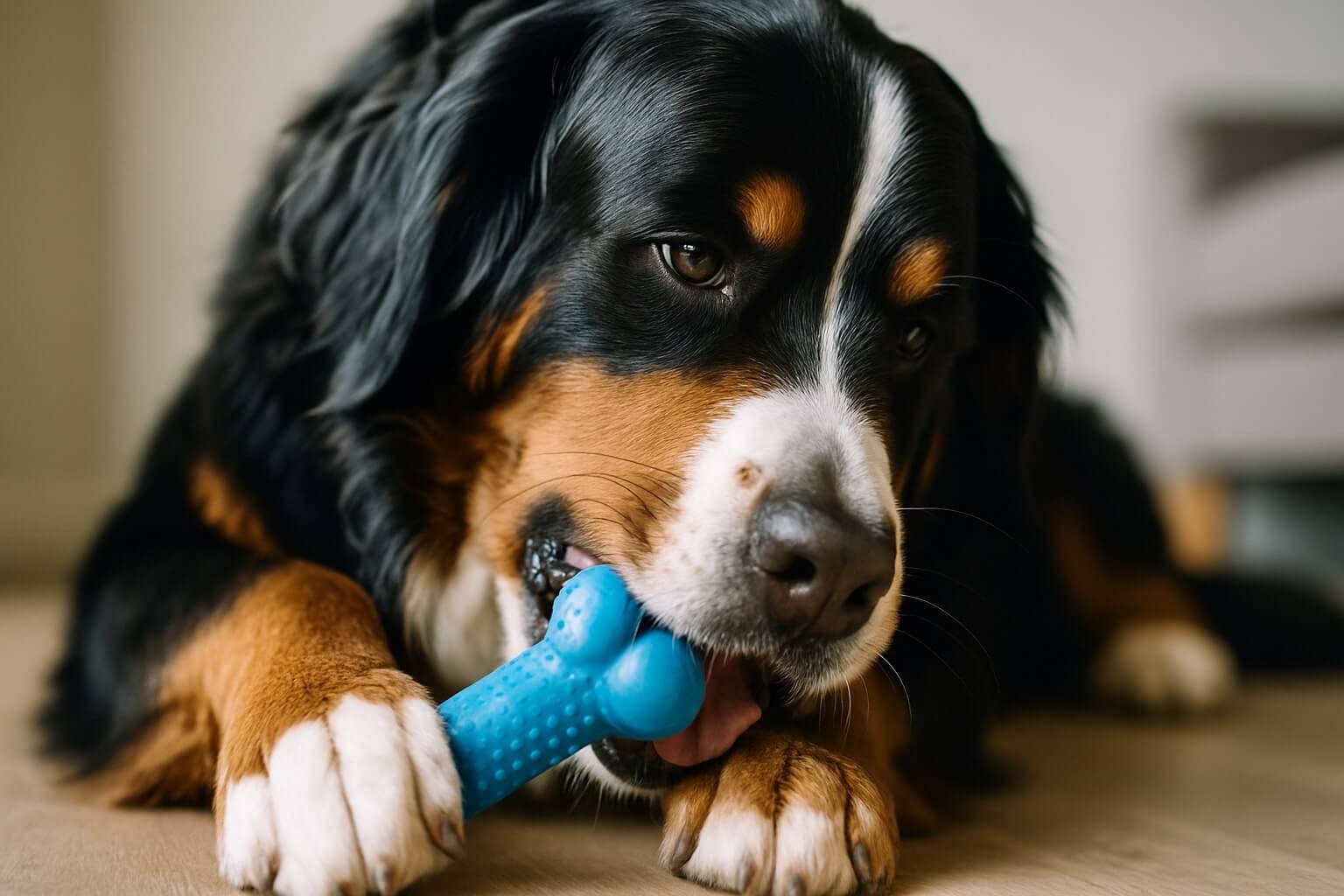 Large dog enjoying a durable chew toy, emphasizing long-lasting products.
