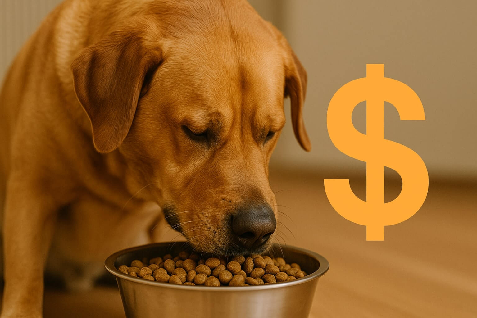 Large dog enjoying a big bowl of food, highlighting the cost of feeding large breeds.
