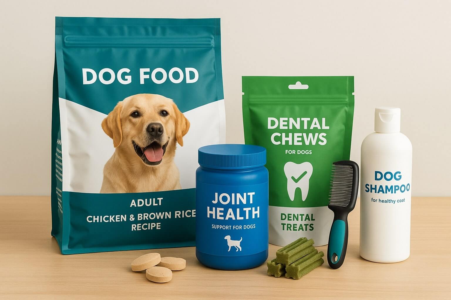 Assortment of dog health products including a large bag of dog food, joint supplements, dental chews, and grooming tools on a clean surface.
