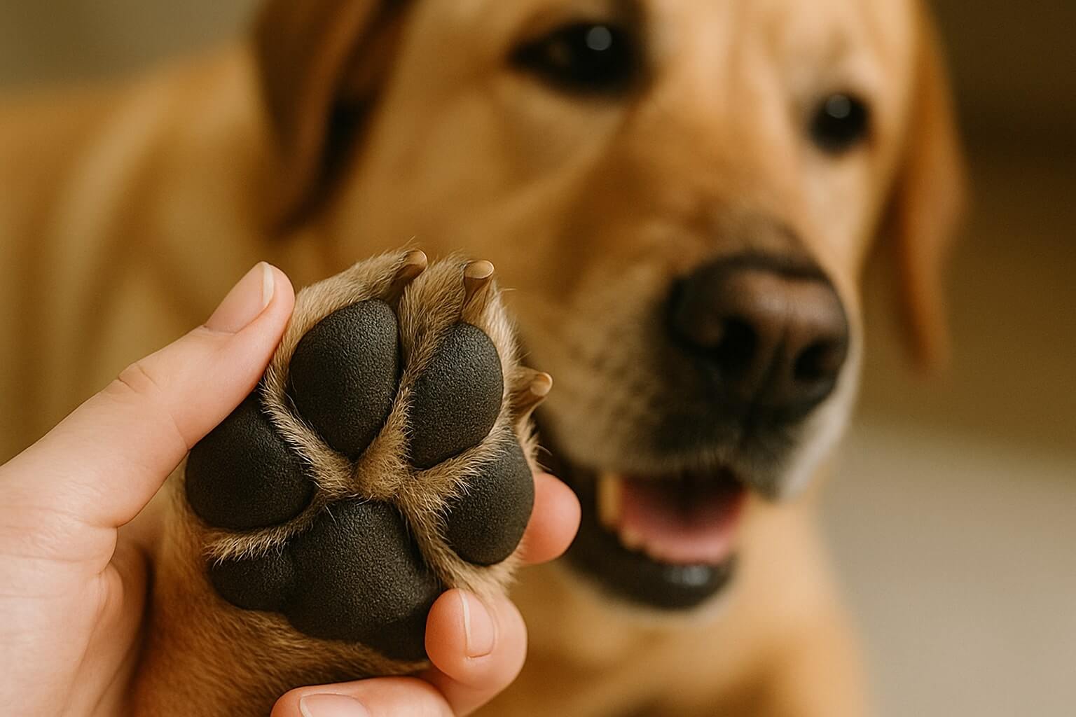 A close-up of a large dog's paw, showing its pads and nails, with an owner gently inspecting it.