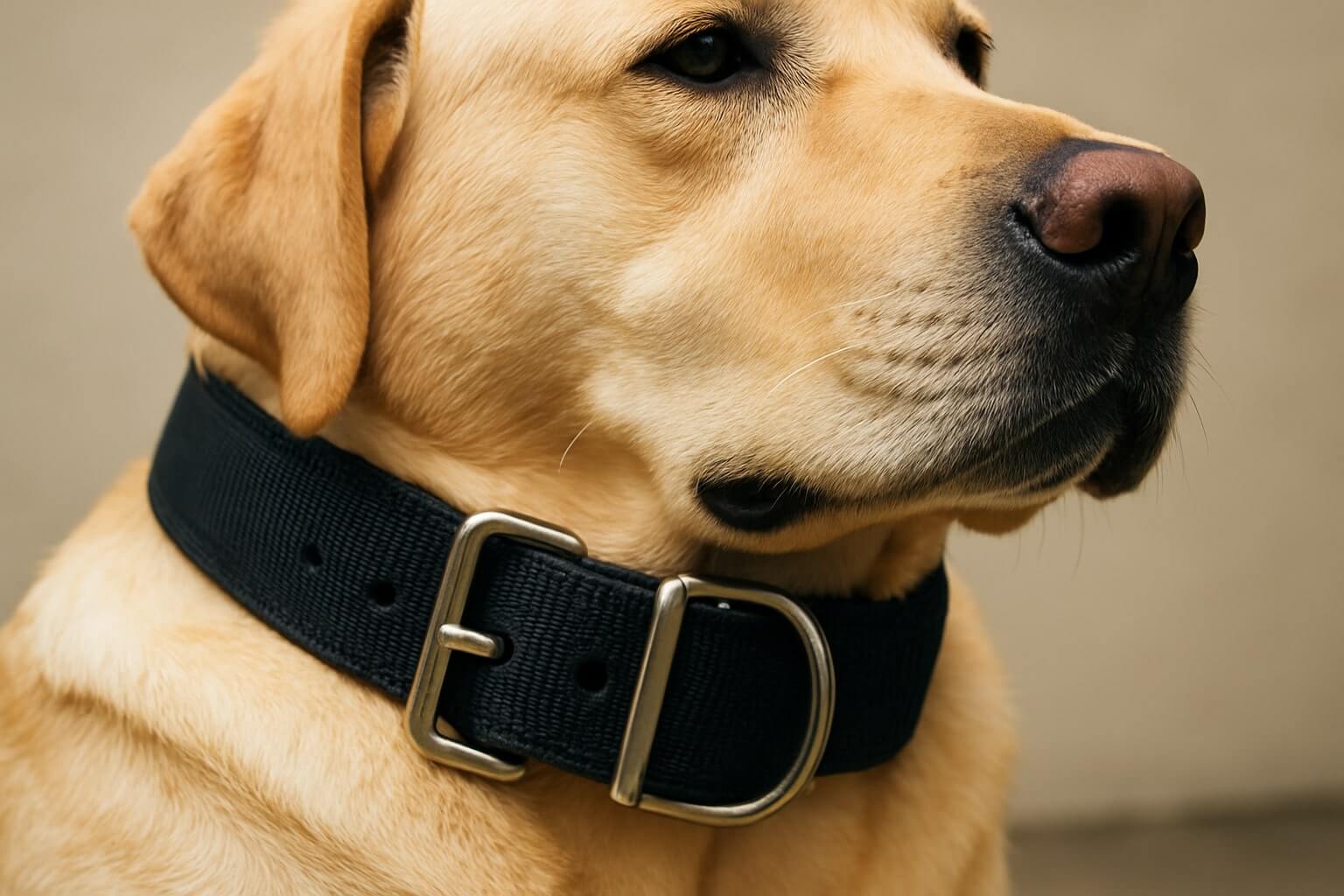 Heavy-duty black nylon dog collar with a large metal buckle on a yellow Labrador