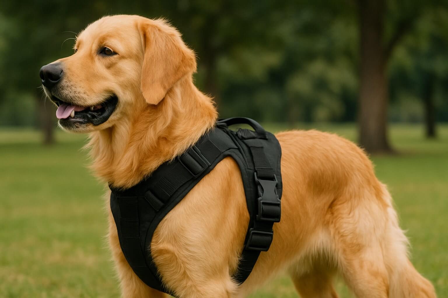 Black durable dog harness on a golden retriever standing in a park, showing sturdy straps and buckles